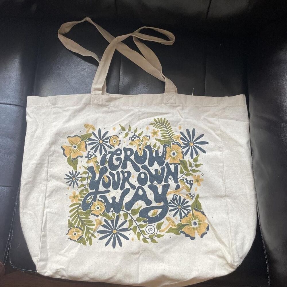 Beige Canvas Reusable Tote Bag Floral Print 15x14x12 in Earthbound